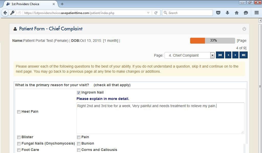 Podiatry Patient Portal Chief Complaint Input Screen