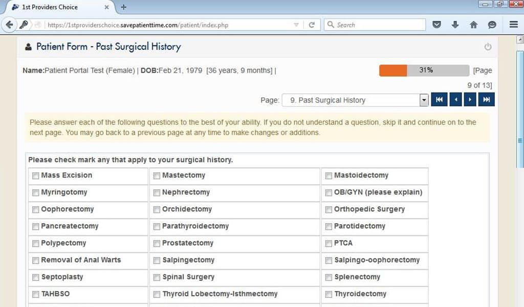 Past Surgical History Input Screen