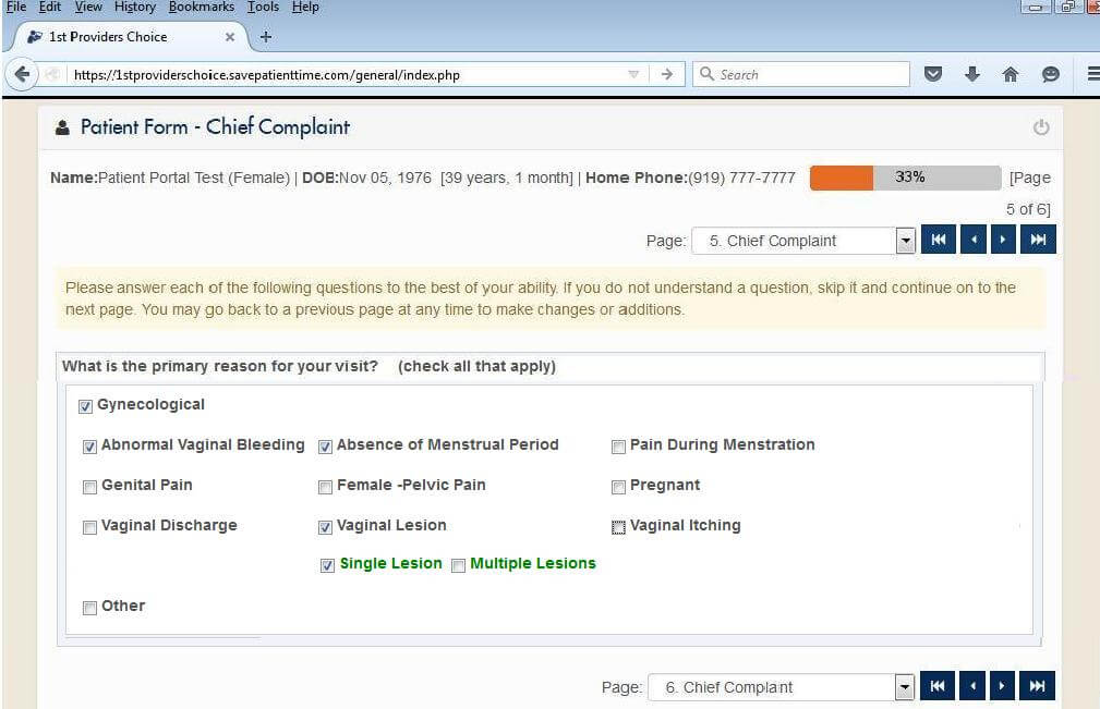 Chief Complaint Input Screen