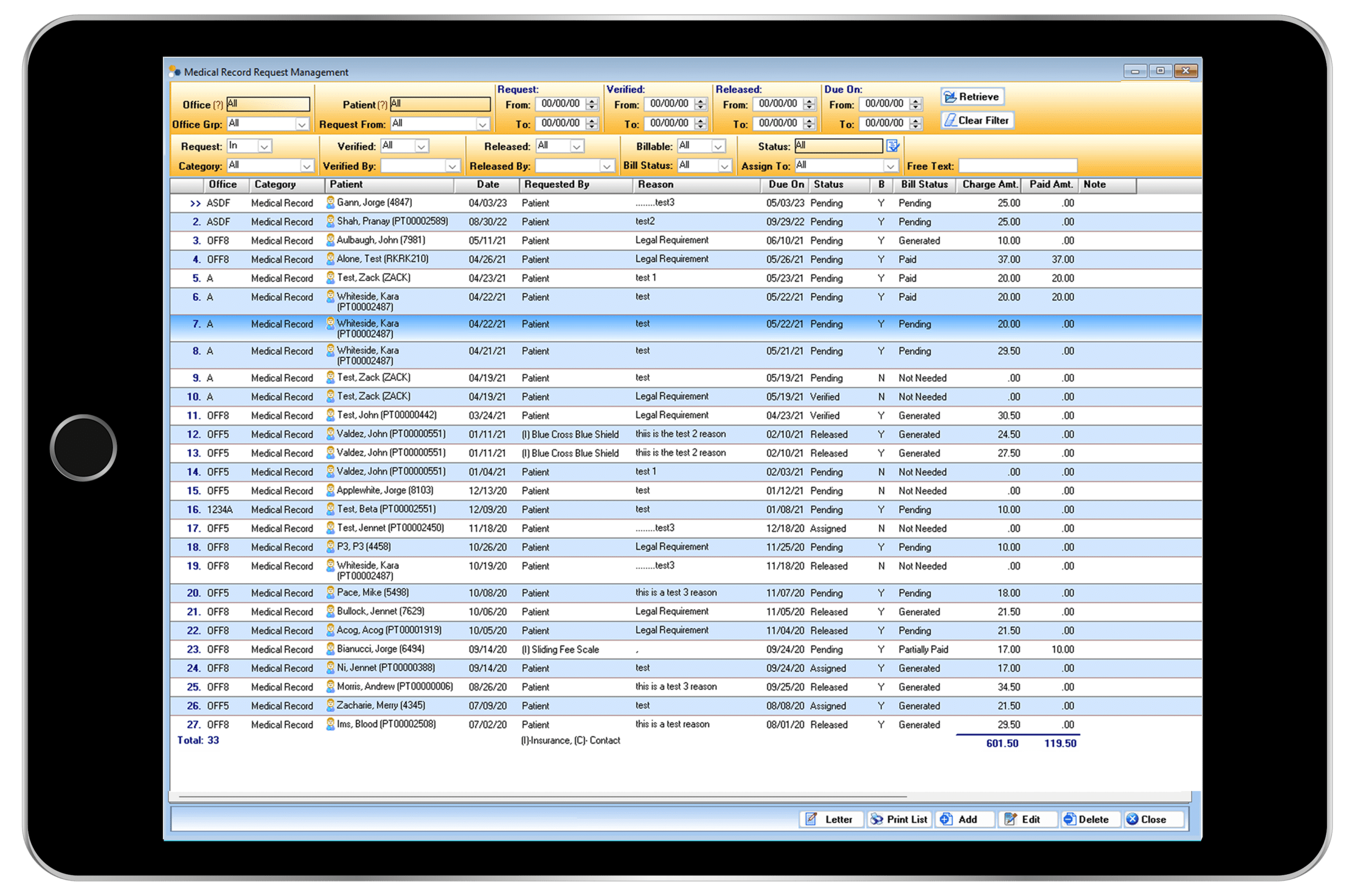 Medical Record Request Management Screen