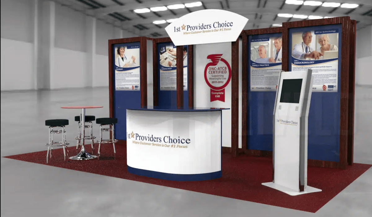 A touchscreen patient check-in software is stationed as a sleek kiosk, ready to guide patients through registration.