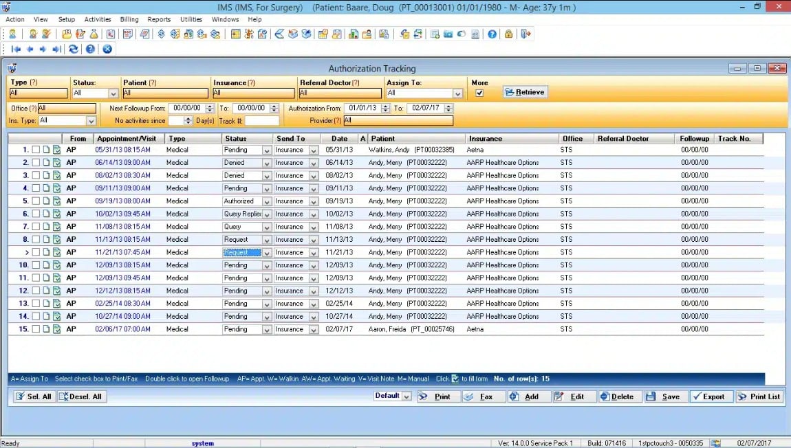 Surgery Authorization Tracking Screenshot