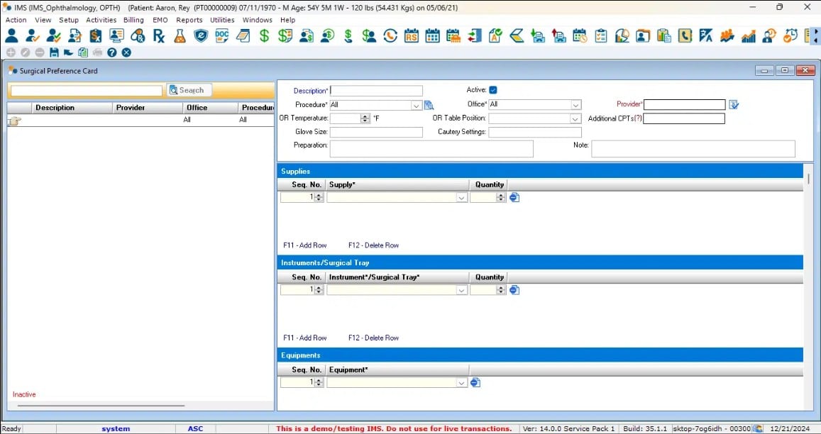 Surgical and Anesthesia Preference Cards Screenshot